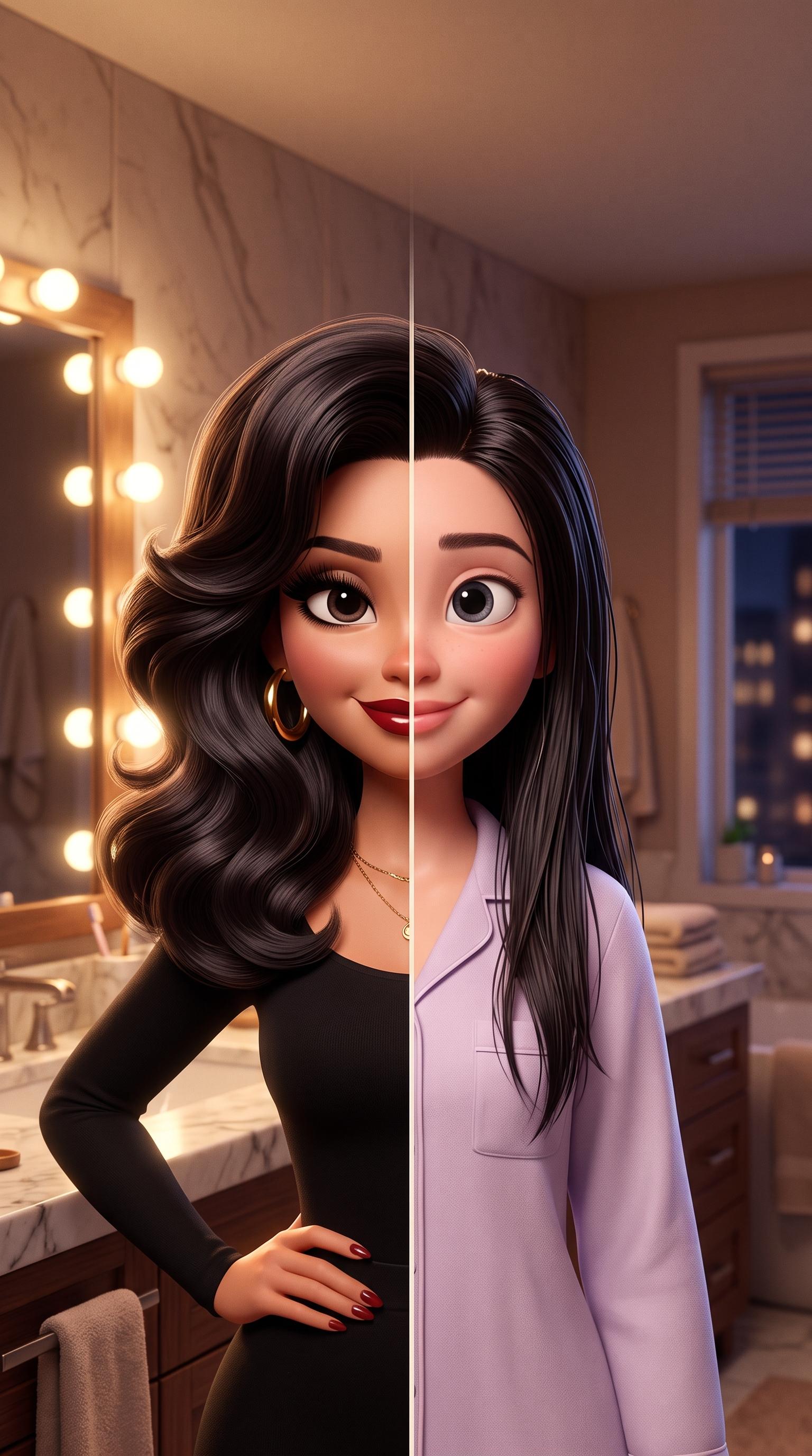 The Great De-Glam poster — the same woman, glam vs natural