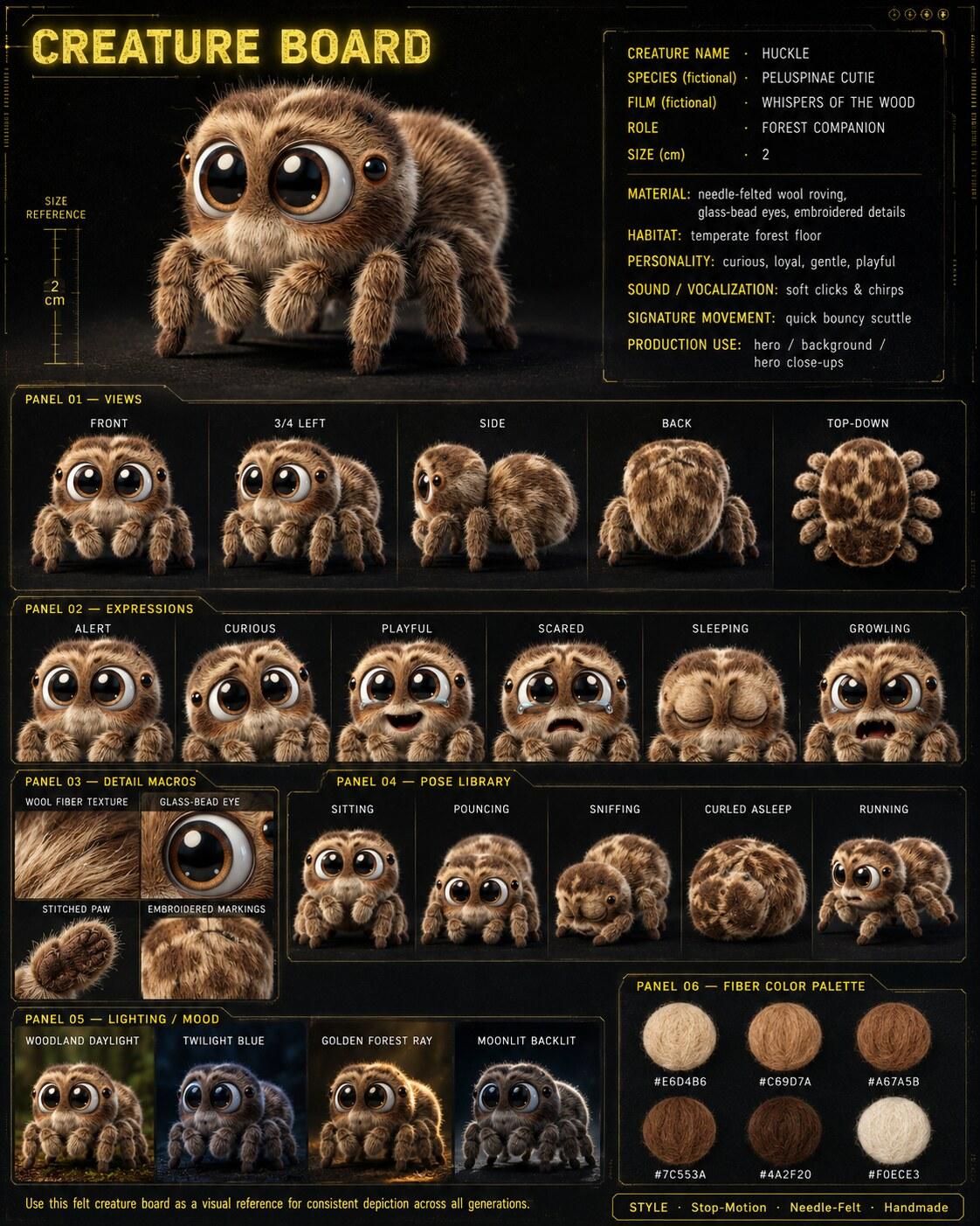 Creature Board example — Huckle, a needle-felted creature, in a multi-panel stop-motion reference sheet