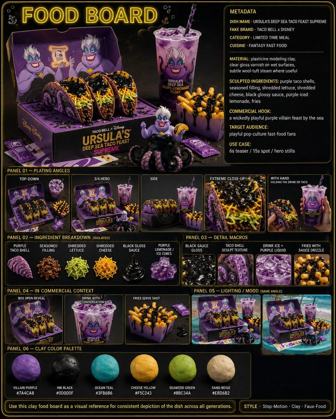 Food Board example — a faux-food clay dish styled as a commercial, in a multi-panel reference sheet