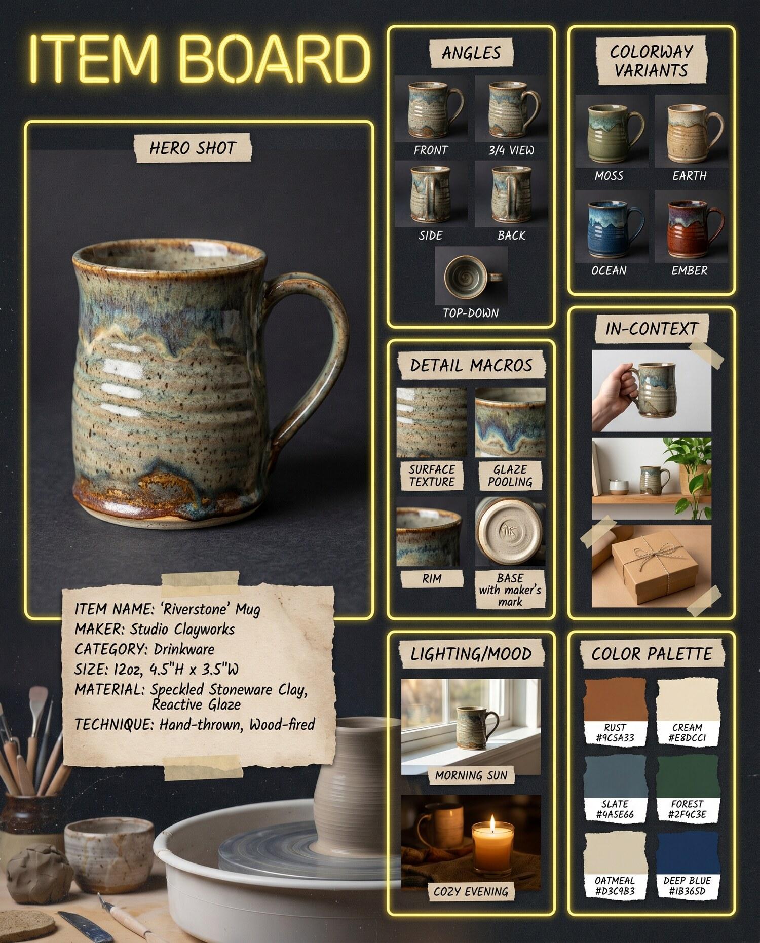 Item Board example — an artisan handmade object in a multi-panel catalog reference sheet