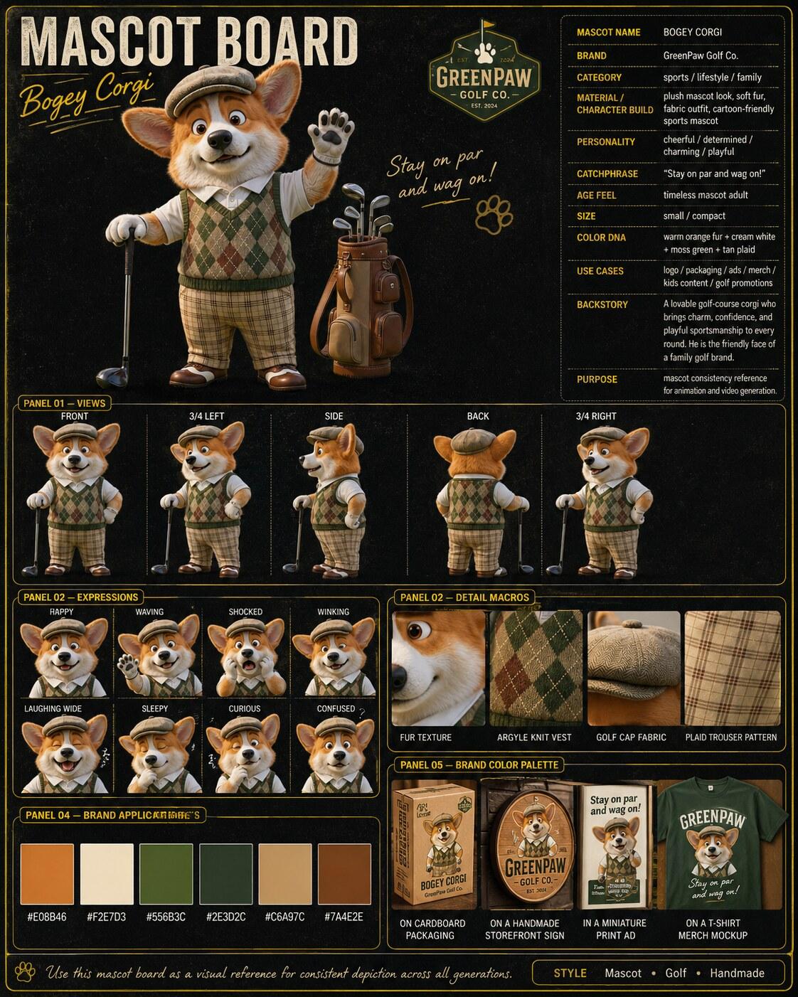 Mascot Board example — Bogey Corgi, a brand mascot, with packaging, signage and merch applications