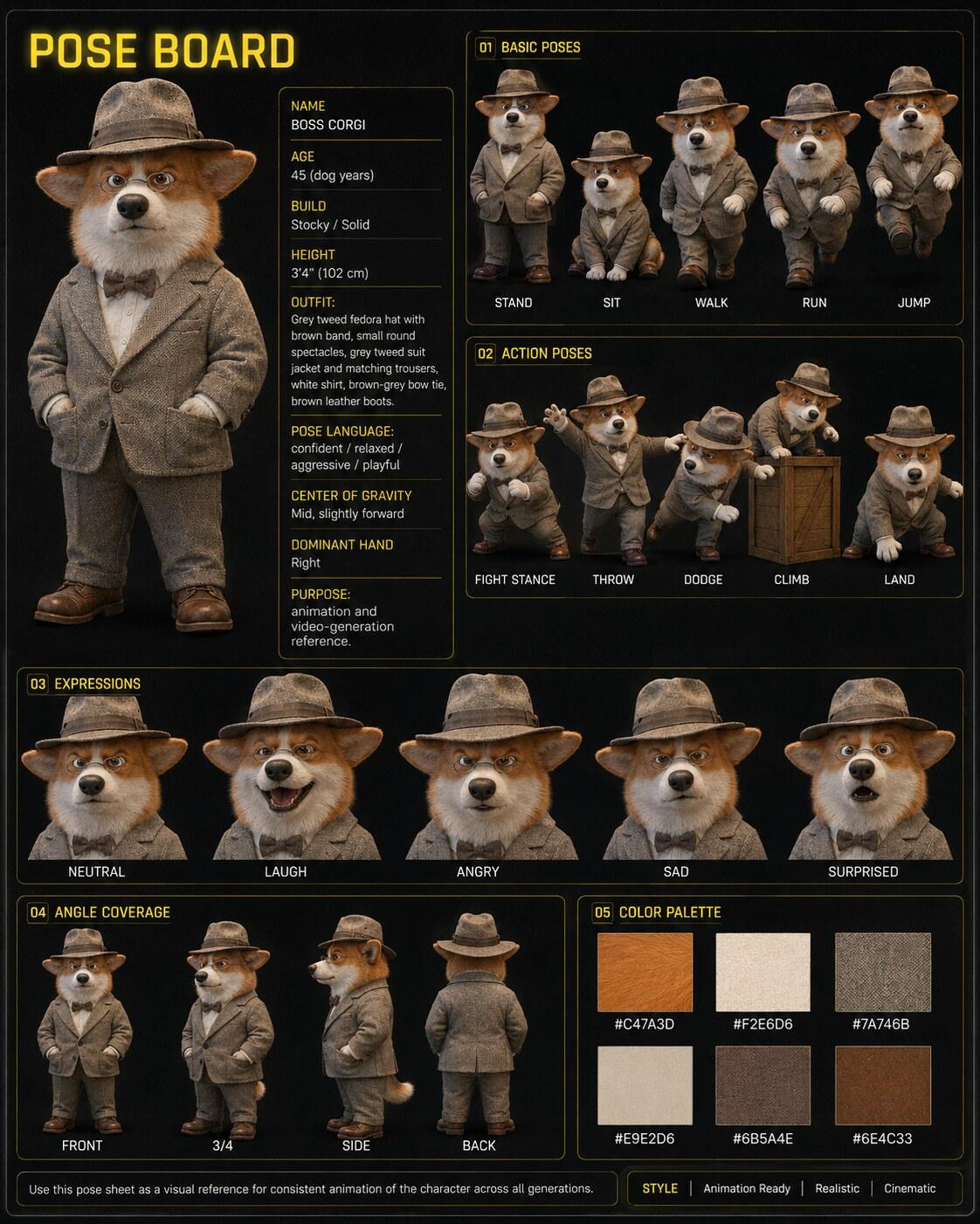 Pose Board example — Boss Corgi, a tweed-suited corgi character, in a multi-panel pose reference sheet