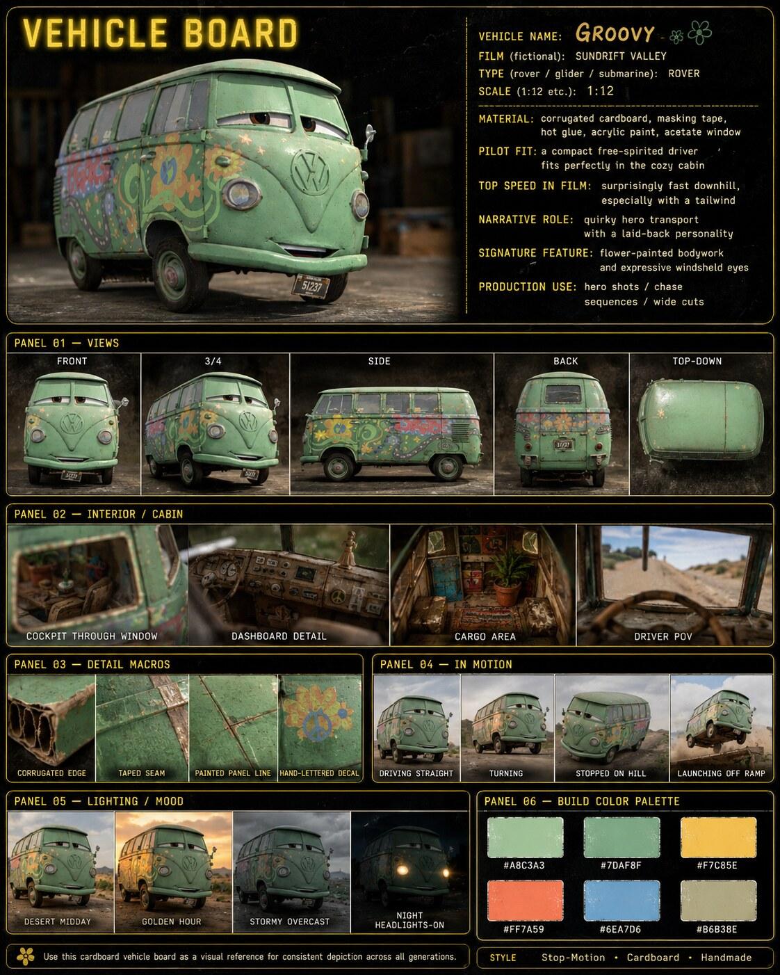 Vehicle Board example — Groovy, a handmade cardboard stop-motion van, in a multi-panel reference sheet