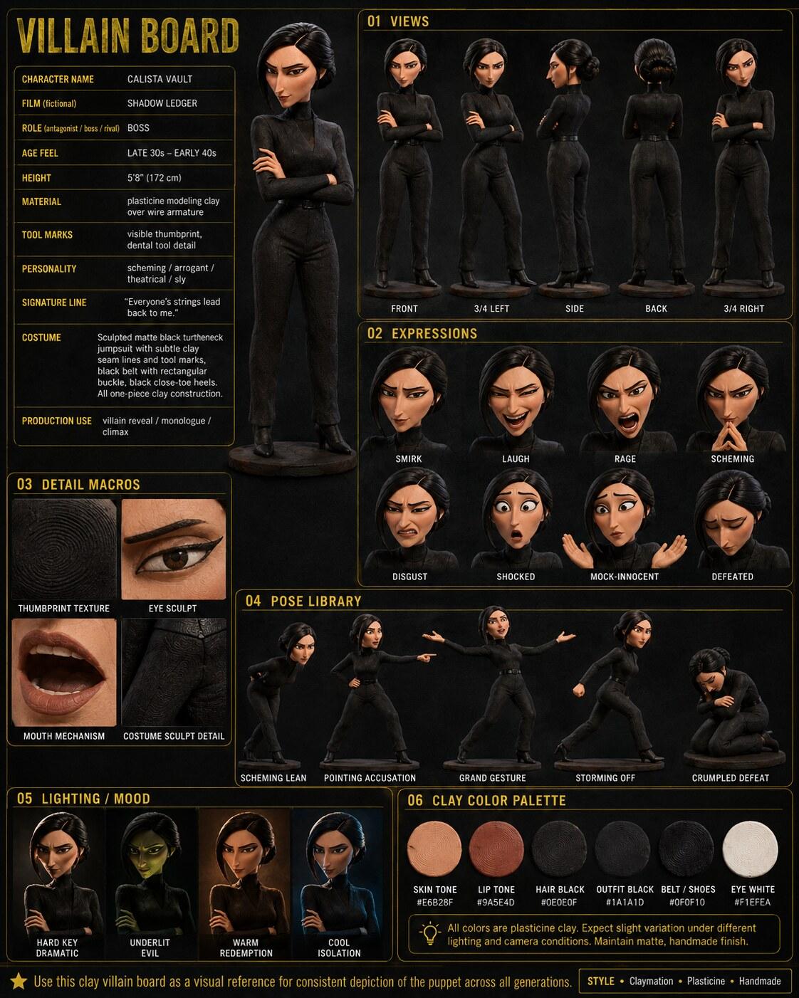 Villain Board example — Calista Vault, a plasticine claymation antagonist, in a multi-panel reference sheet