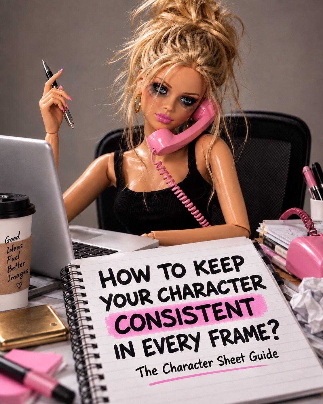 A blonde fashion-doll character at a messy desk beside a notebook reading 'How to keep your character consistent in every frame? The Character Sheet Guide'