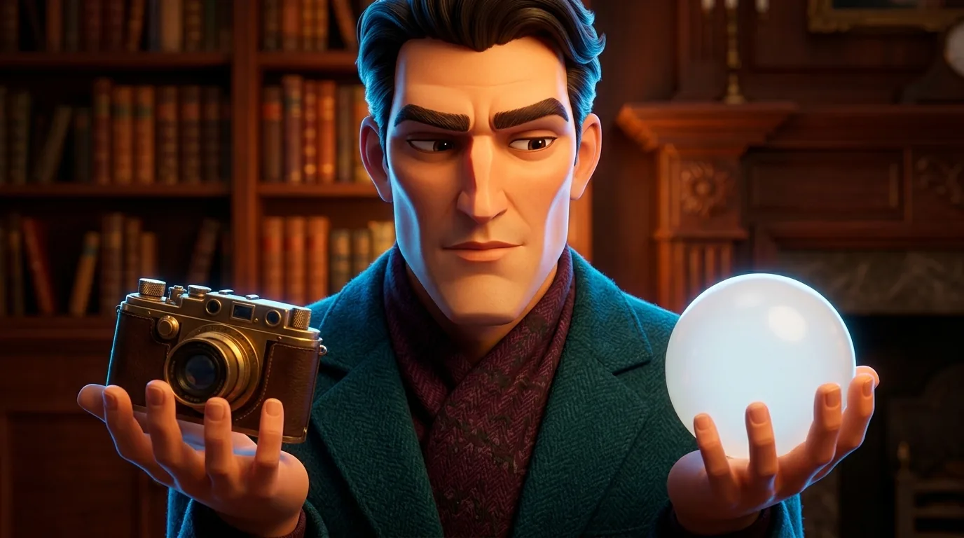 A thoughtful rounded character holds a small old-fashioned film camera in one hand and a glowing magical orb in the other, weighing the two with a considering expression