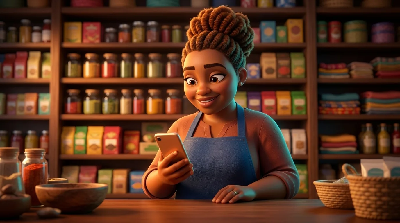 A shop owner behind a wooden counter smiling at a phone held low, shelves of colourful products blurred behind her