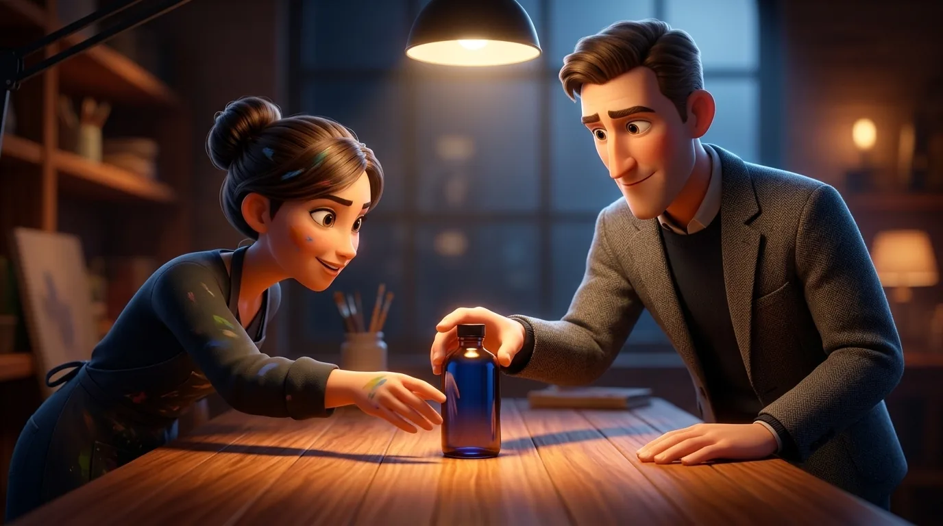 A brand owner gently sets one colourful product bottle in the middle of a warm studio desk while a friendly studio artist leans in, both focused on the single object