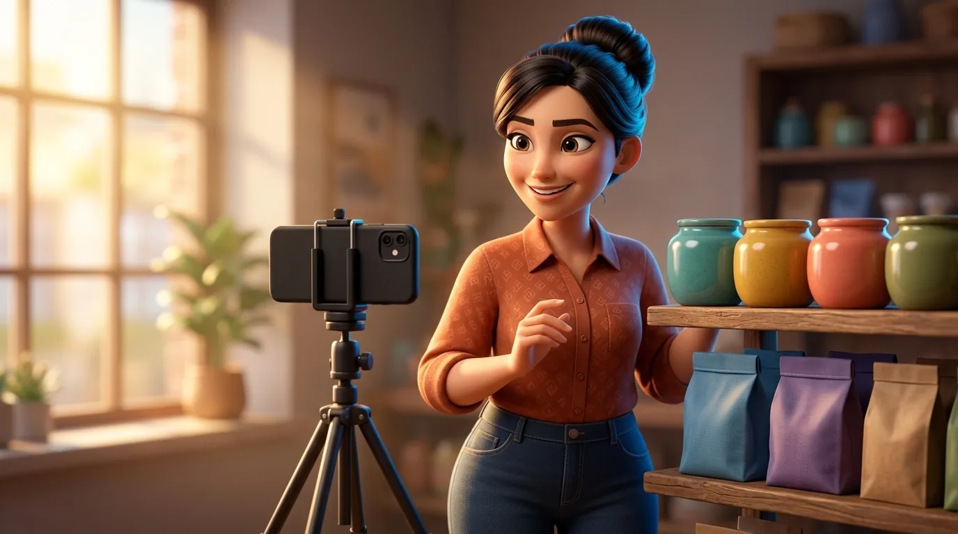 A cheerful small-business owner films a short vertical video of herself on a phone mounted to a small tripod, beside a shelf of colourful products in a warm shop, the phone's screen turned away from view