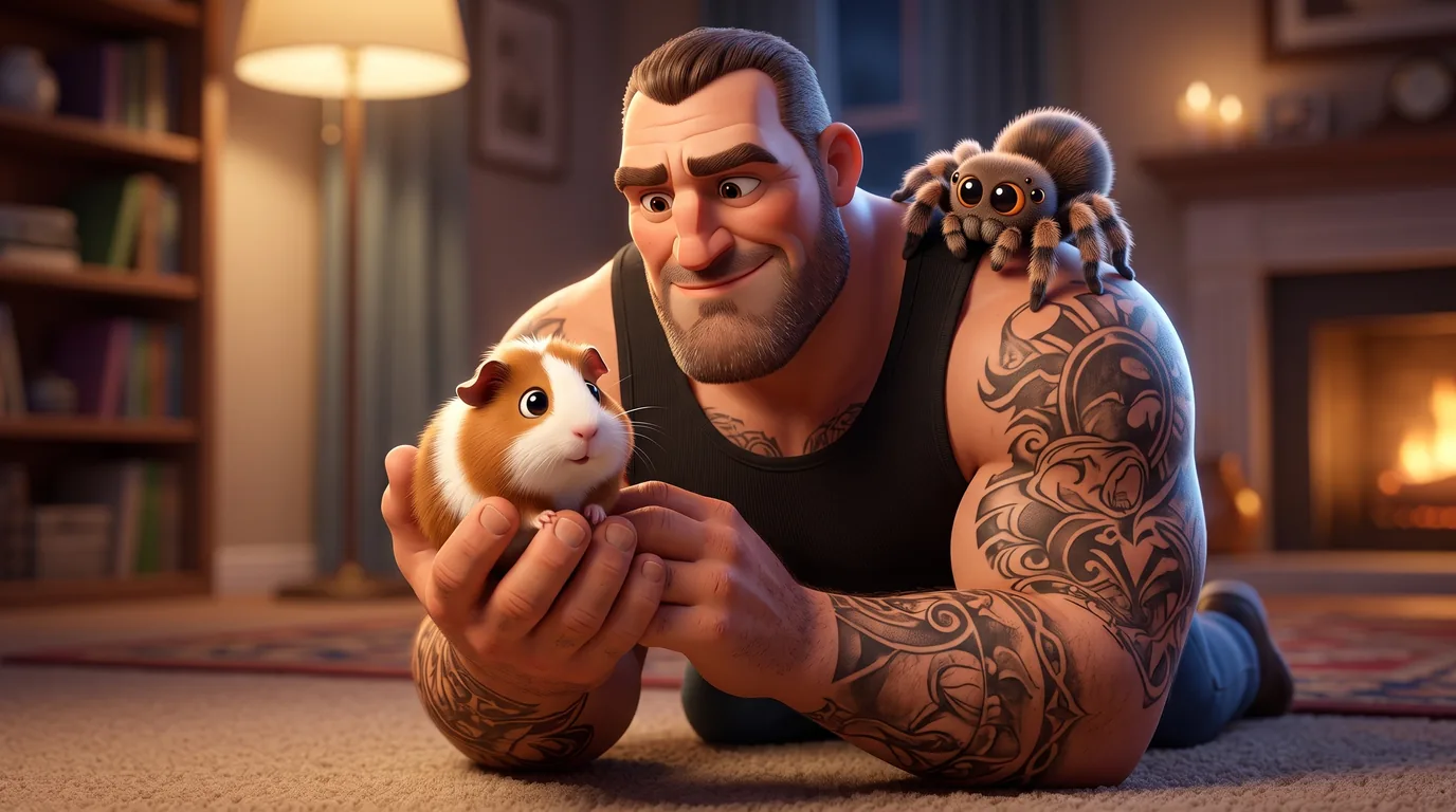 A large tattooed 3D character in a black tank top kneels and gently holds a tiny fluffy guinea pig in one hand while a cute cartoon tarantula sits on his shoulder, in a warm cosy living room