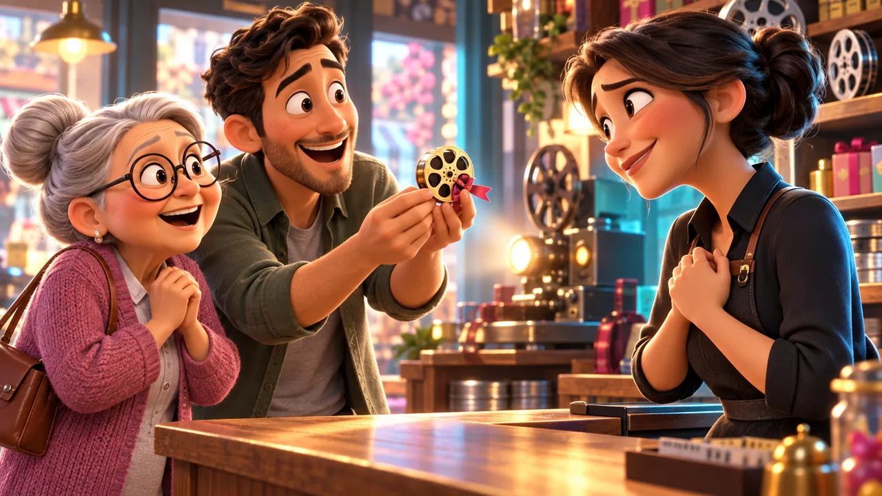 Two cartoon customers bring a small film reel to a shopkeeper, illustrating a video bringing people into a business.