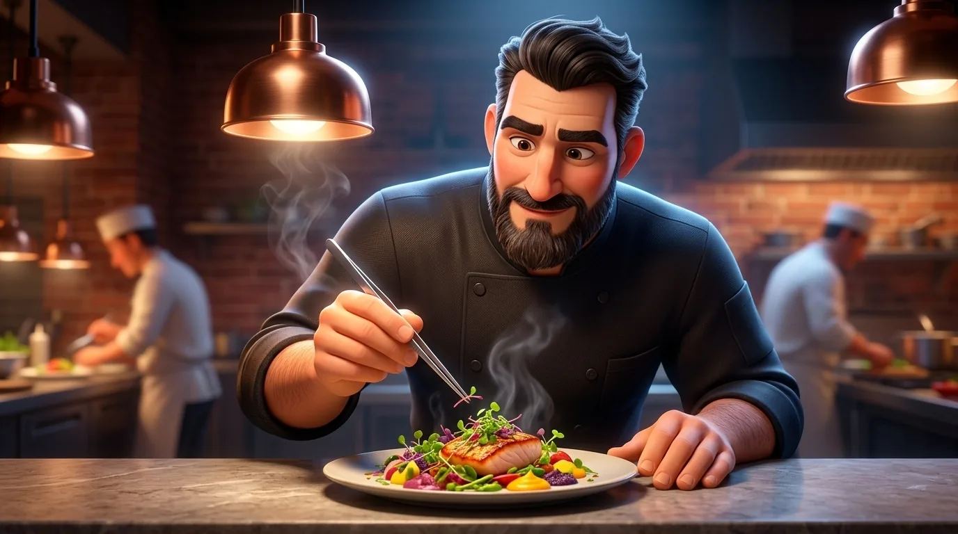 A friendly chef plates a colourful dish at a warm restaurant pass under glowing pendant lights, steam catching the light