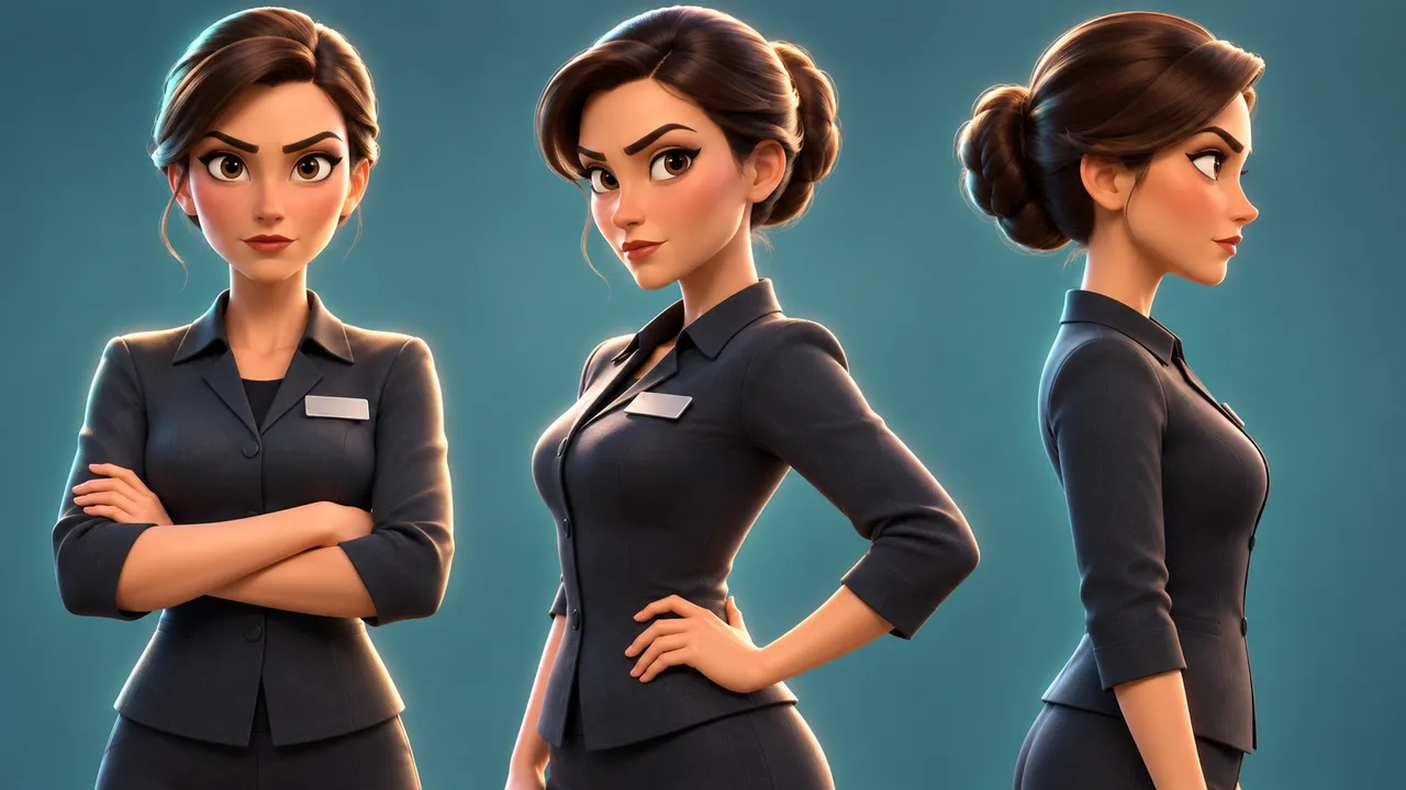 The same dark-haired cartoon cashier in a charcoal outfit shown from the front, three-quarter angle, and side.