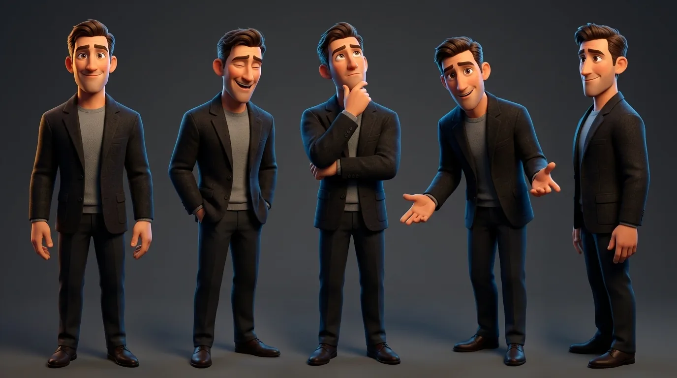 One rounded 3D mascot character shown in several playful poses across a warm neutral studio backdrop, like a character turnaround sheet