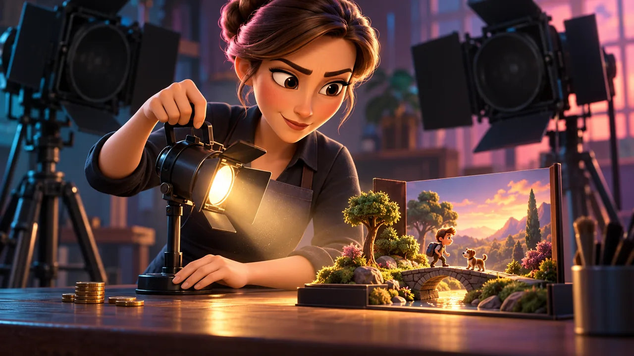 A cartoon creator lights one miniature scene with a small spotlight while larger studio lights remain dark.