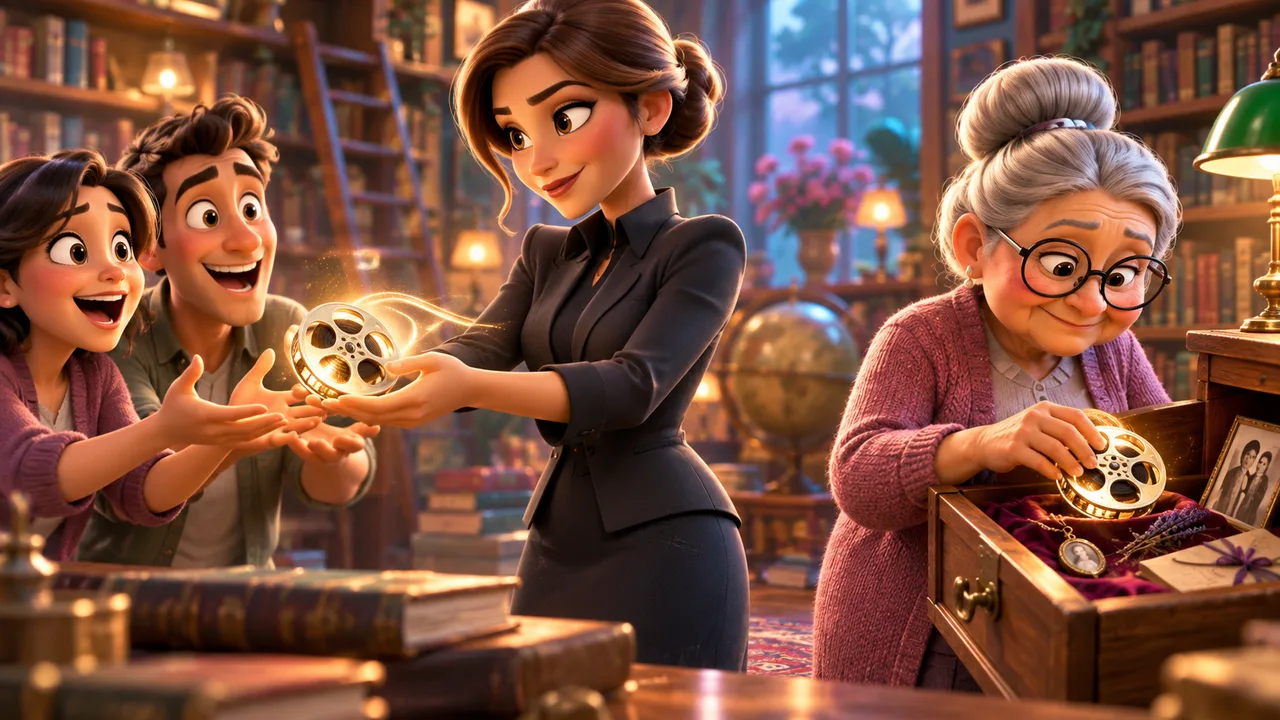 A cartoon creator shares a glowing film reel with friends while another character stores a reel in a keepsake box.