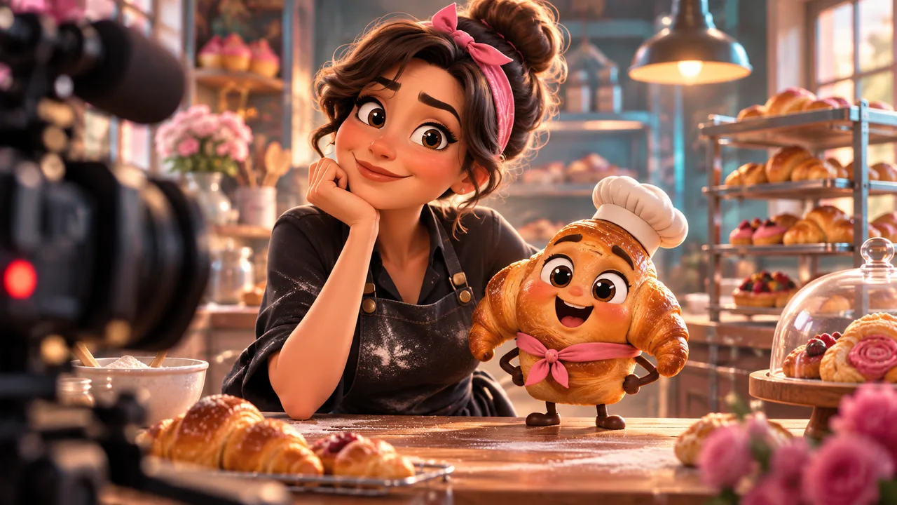 A cartoon bakery founder and a smiling croissant mascot share the spotlight in front of a film camera.