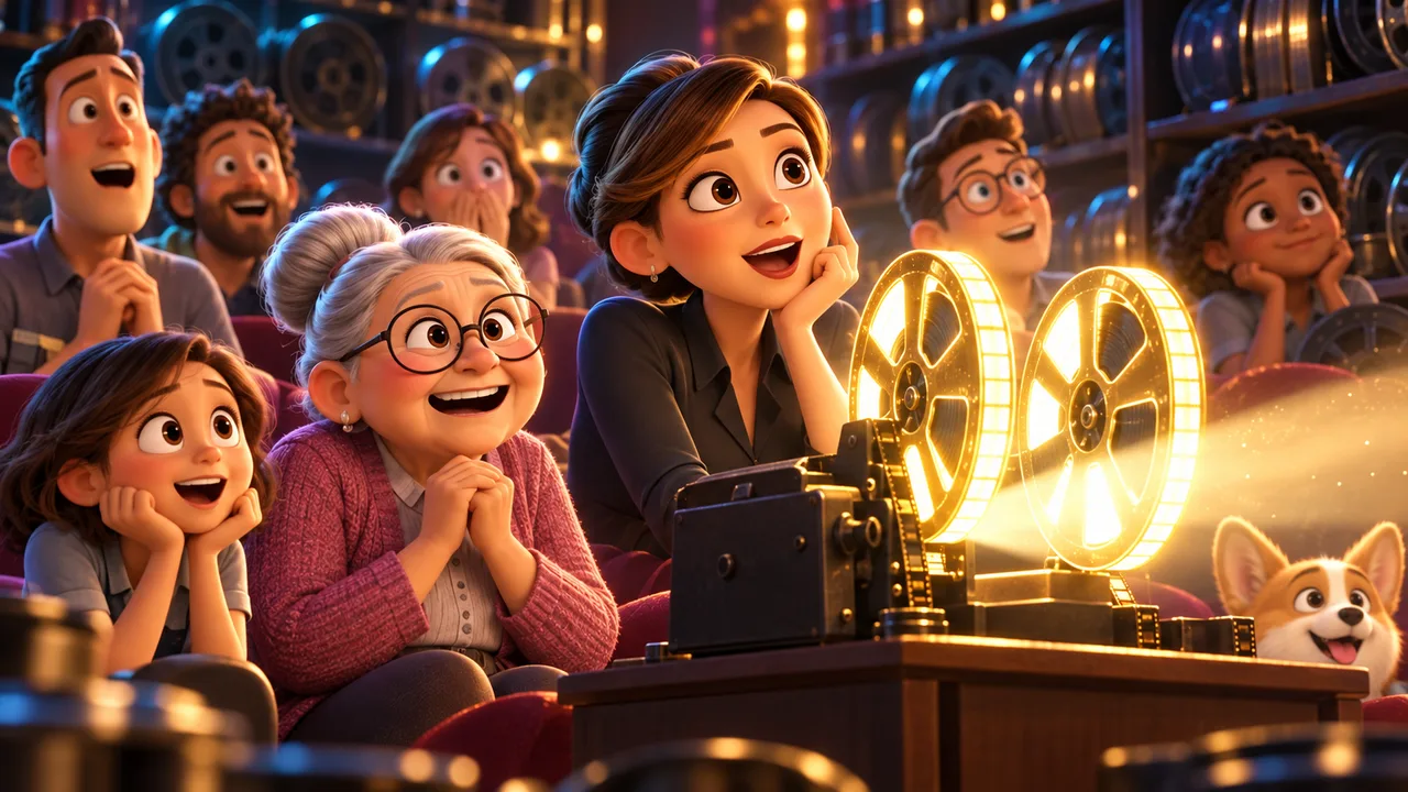 Two bright golden film reels illuminate an audience while many other reels remain on dark shelves.