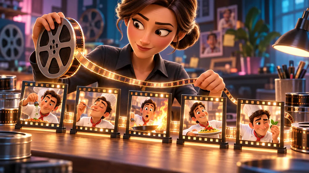 A cartoon editor turns one film reel into several frames showing different moments of the same chef story.