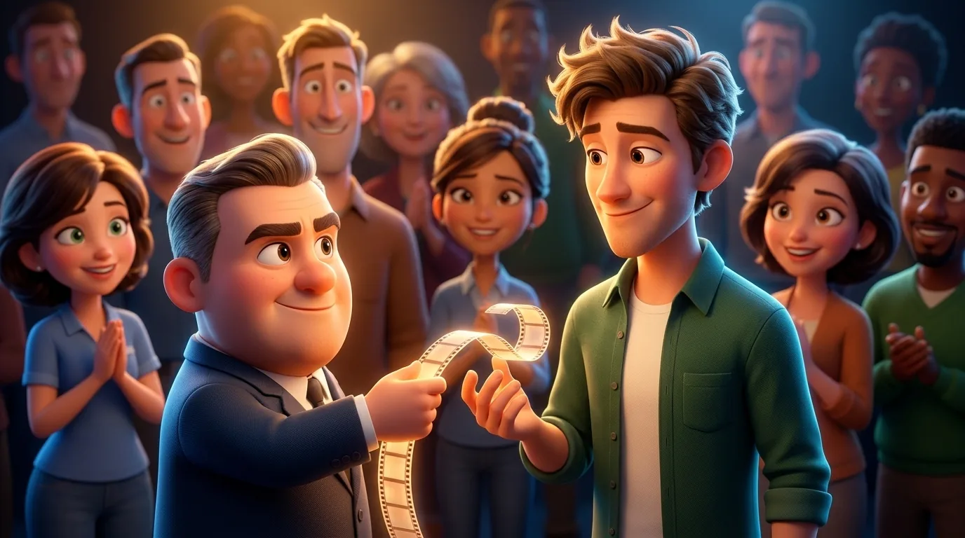A small rounded character warmly hands a glowing strip of film to a friendly popular creator standing in front of a cheerful crowd of stylised characters, all lit by warm light