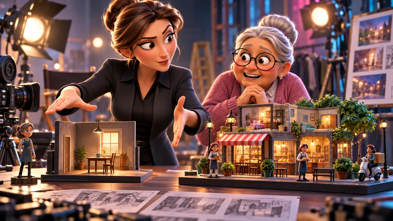 A cartoon director and business owner compare a simple miniature set with a larger, more detailed street scene.