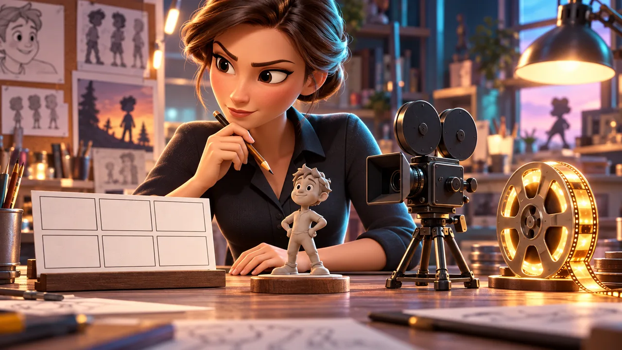 A cartoon director considers storyboard cards, a character model, a movie camera, and a film reel on her workbench.