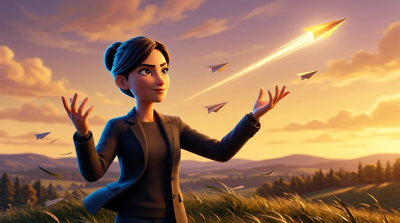 A cheerful rounded character on a hilltop launches several small glowing paper planes into a warm sky; one soars far higher than the rest
