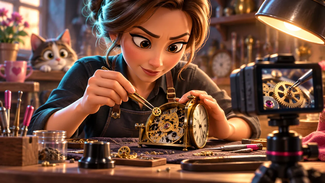A cartoon craftsperson repairs a brass clock while a camera captures the intricate gears on her workbench.