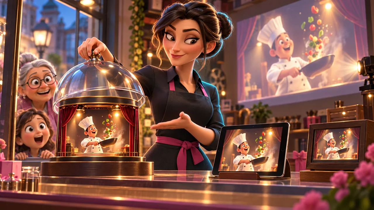 A cartoon shopkeeper presents the same chef film on a miniature stage, a tablet, a counter display, and a wall projection.